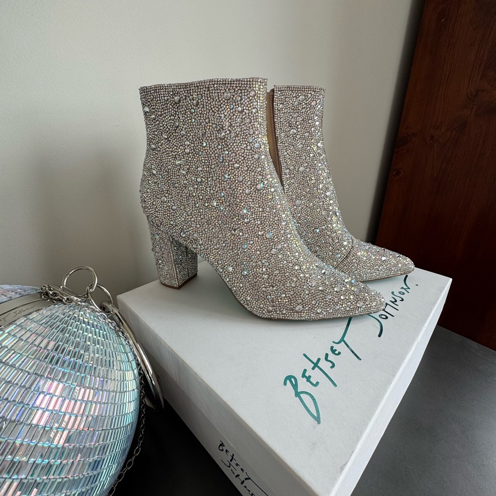 Betsey Johnson Cary Rhinestones sparkly Silver High Heel Boots